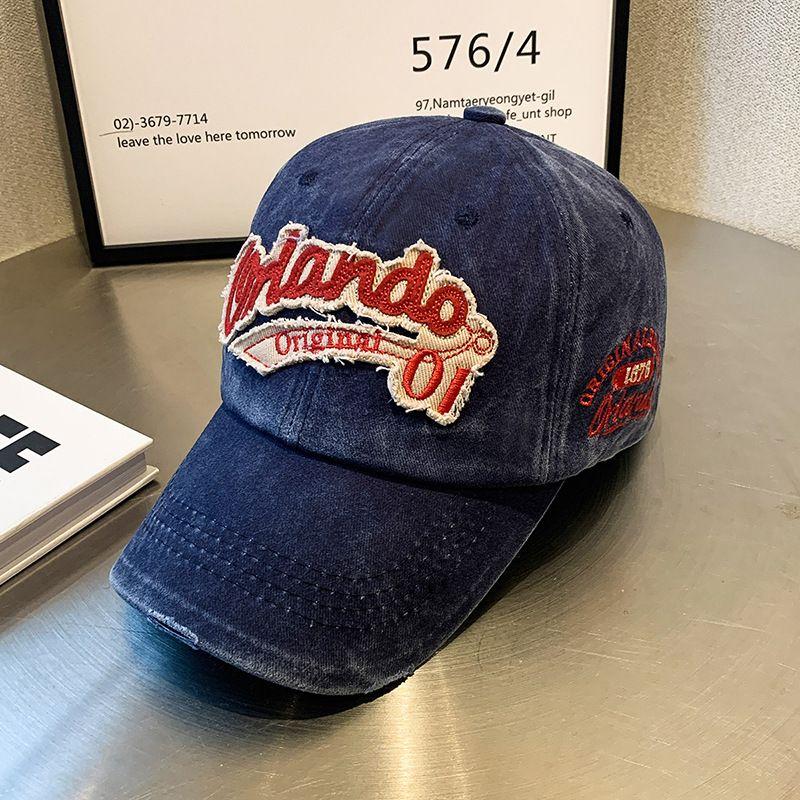 

Washed Distressed Hat Men and Women Fashion Retro Baseball Street Letters Embroider Couple Sun-Proof Peaked Cap Blue Adjustable