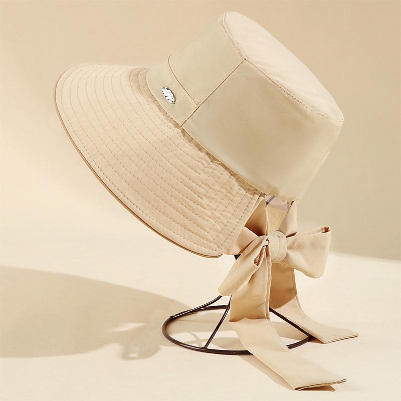 Spring and summer light outdoor UV protection large brim bow bucket hat women
