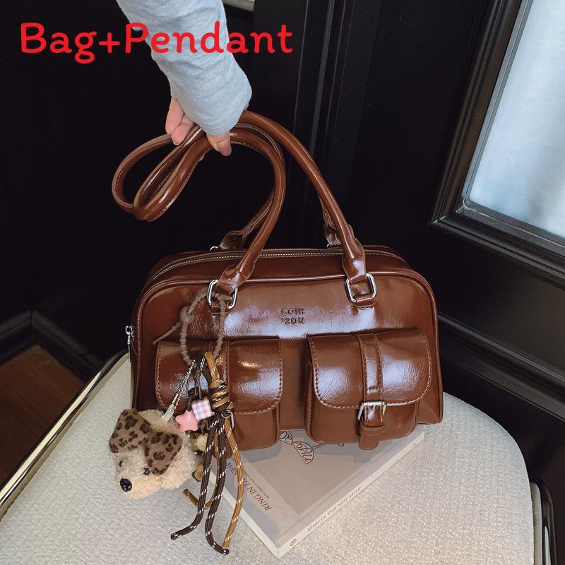 Retro Pu Leather Bowling Bag For Women With Zipper Closure And Inner Pockets