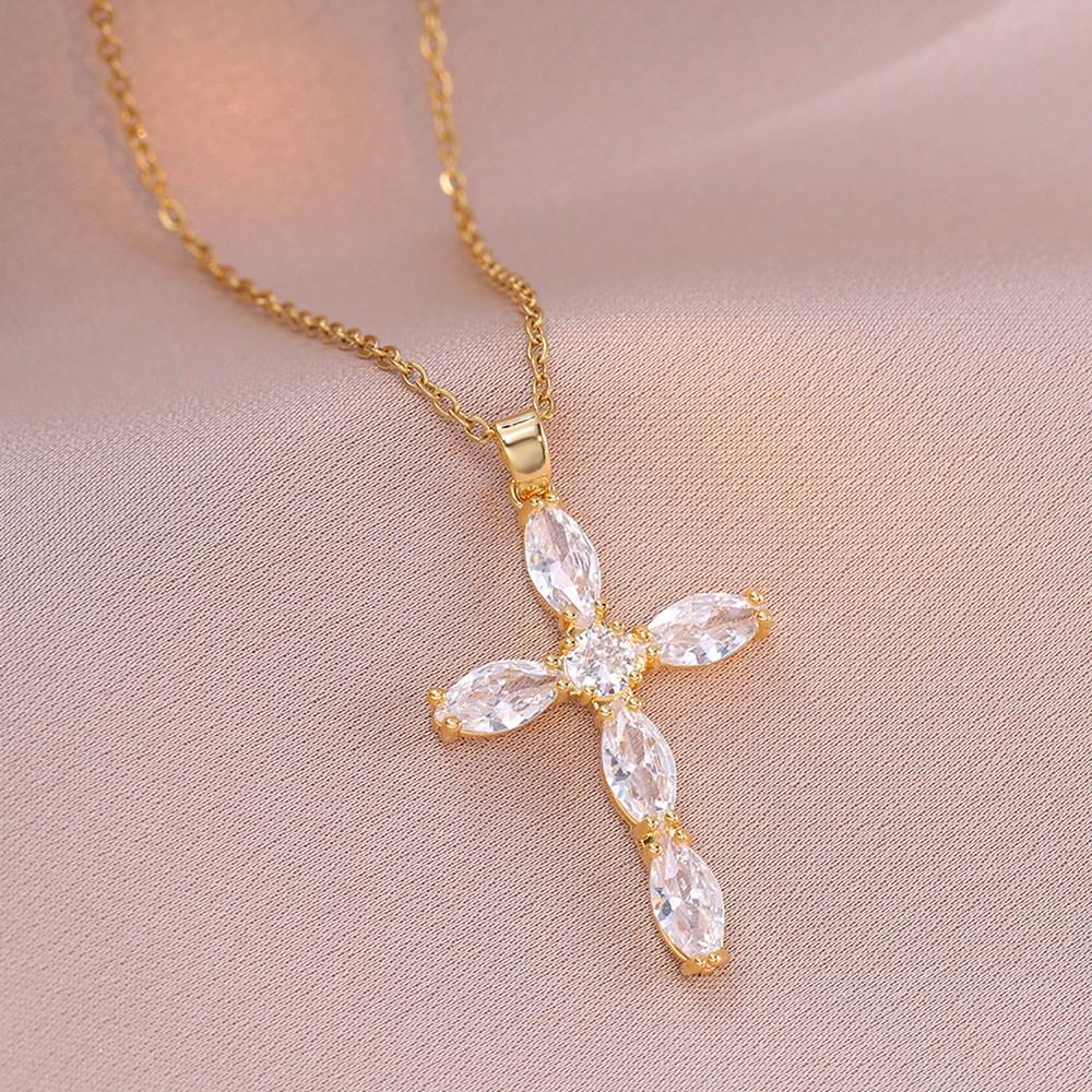 Damen Bunte Zirkon Kreuz Halskette - Nischendesign mit Voll-Diamant-Anhänger an Edelstahlkette