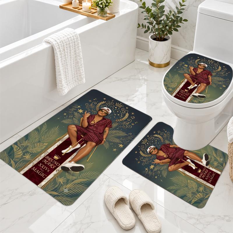 3Pcs Flannel Toilet Mat Set Bruno Mars Bathroom Rug Non Slip Bath Carpet Home Decor