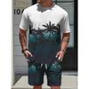 Men's Summer Palm Tree Print Set: White Tee & Gradient Shorts with Tropical Silhouette. Loose Fit Big Size Streetwear for Beach & Daily Wear