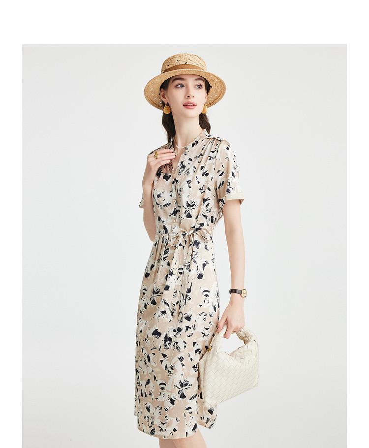 Age reducing print: Heavy weight mulberry silk 26 spring/summer small V-neck fashionable slimming temperament elegant commuting dress
