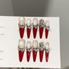 Women Long Press‑On Nails Pure‑Handmade Autumn Winter Red New Year Rhinestone Sparkle False Nail Patches