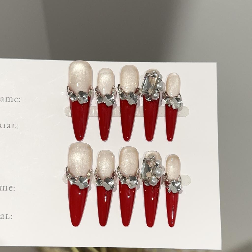 Women Long Press‑On Nails Pure‑Handmade Autumn Winter Red New Year Rhinestone Sparkle False Nail Patches