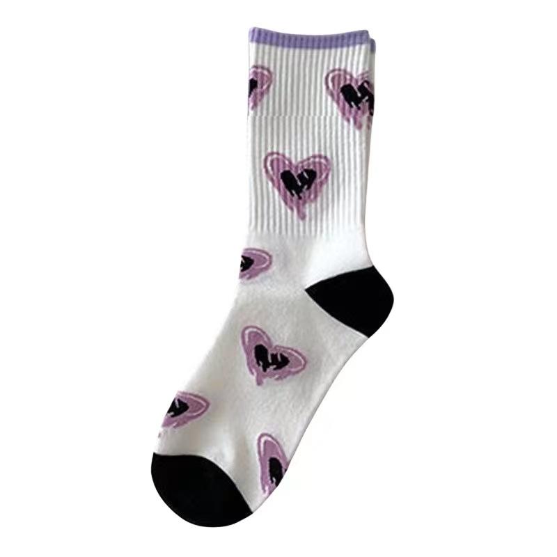 Damskie białe skarpetki śliczne bawełniane skarpetki z sercami kawaii preppy koreański styl anime fioletowe skarpetki damskie