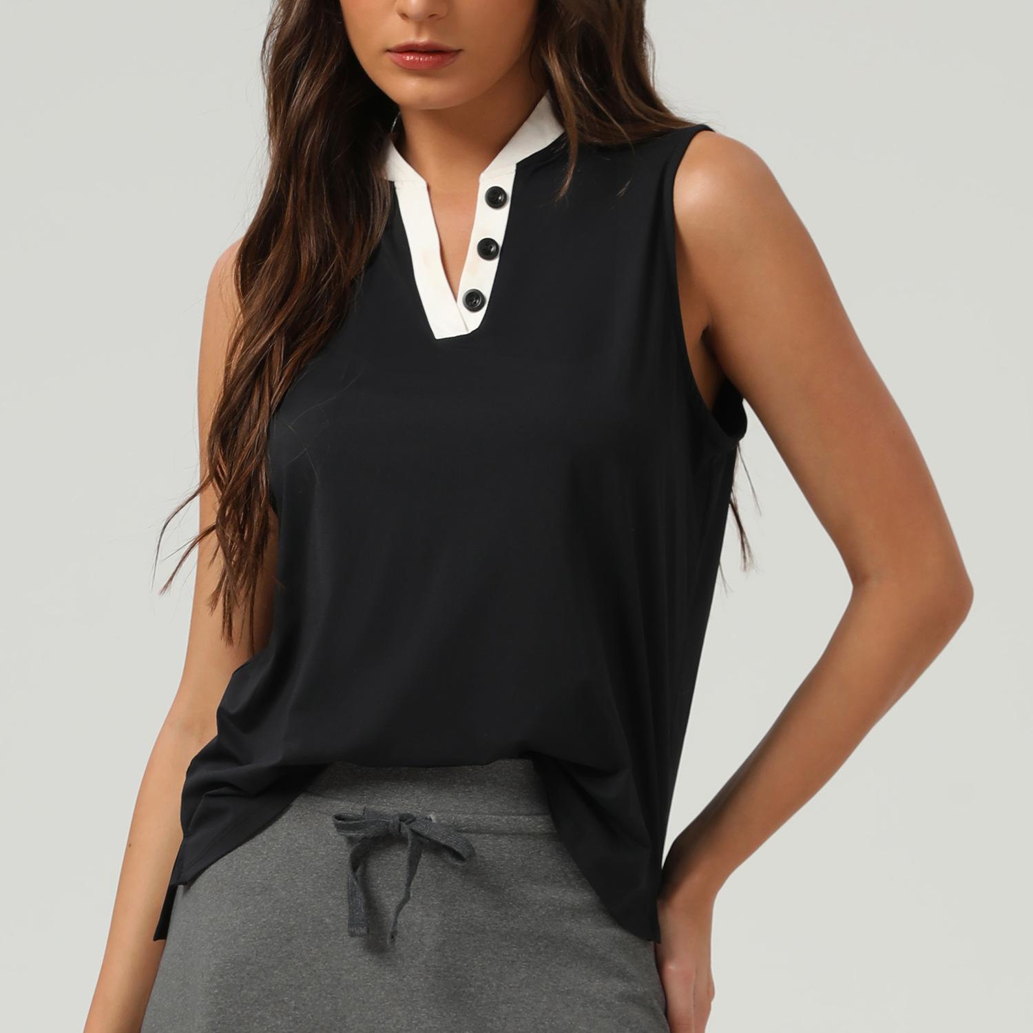 Women s V Neck Sleeveless Polo Shirt Contrast Trim Button Up Yoga Workout Tank Top S