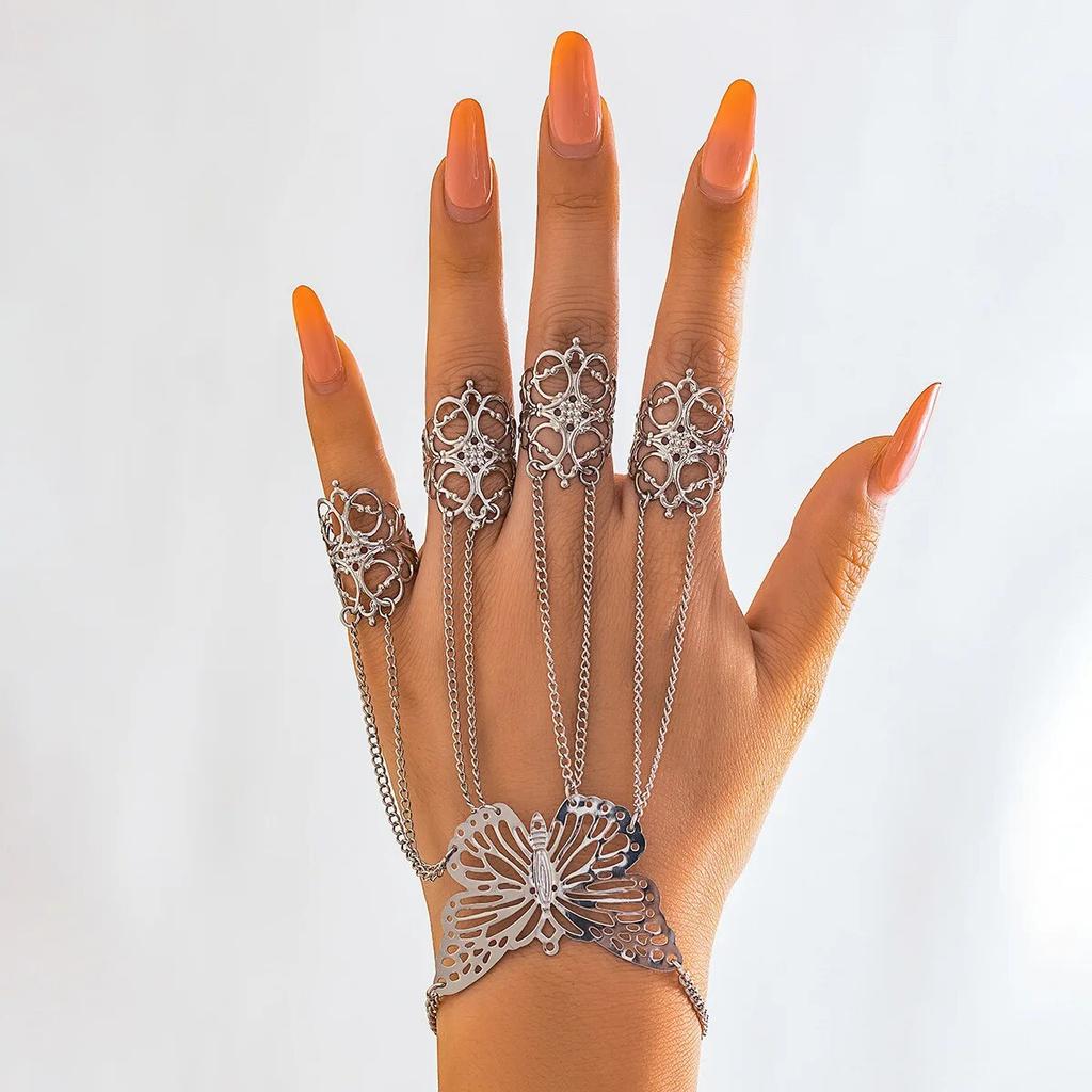 Vintage Offener Hohlfingerring Gliederkette Schmetterlingsarmband für Damen Punk Goldfarbe Kubanische Kette Hand Schmuck Party