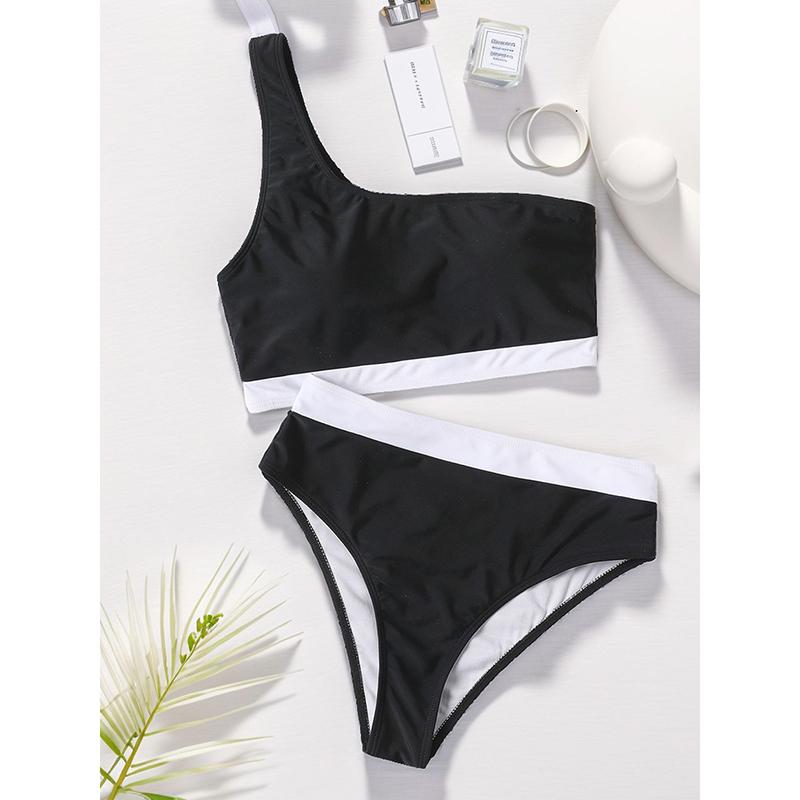 Patchwork Bikini Women Solid Color High Waist 2 Piece Swimsuit Single Shoulder Tankini Backless Beach Bathing Suit
