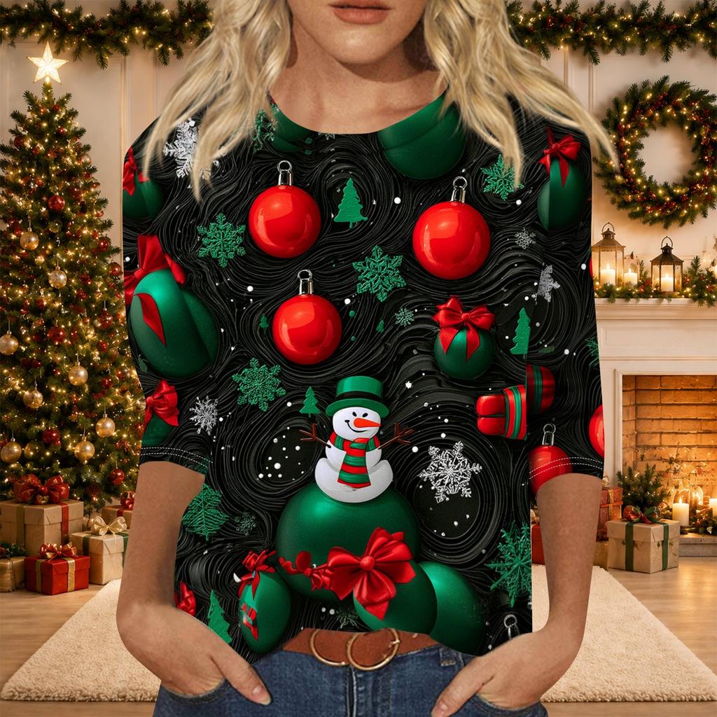 Women's Casual Christmas Print Three-Quarter Sleeve Neck Blouse