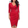 Women's V Neck 3/4 Sleeve Sheath Dress Elegant Ruched Wrap Bodycon Midi Dress For Office Party Cocktail
