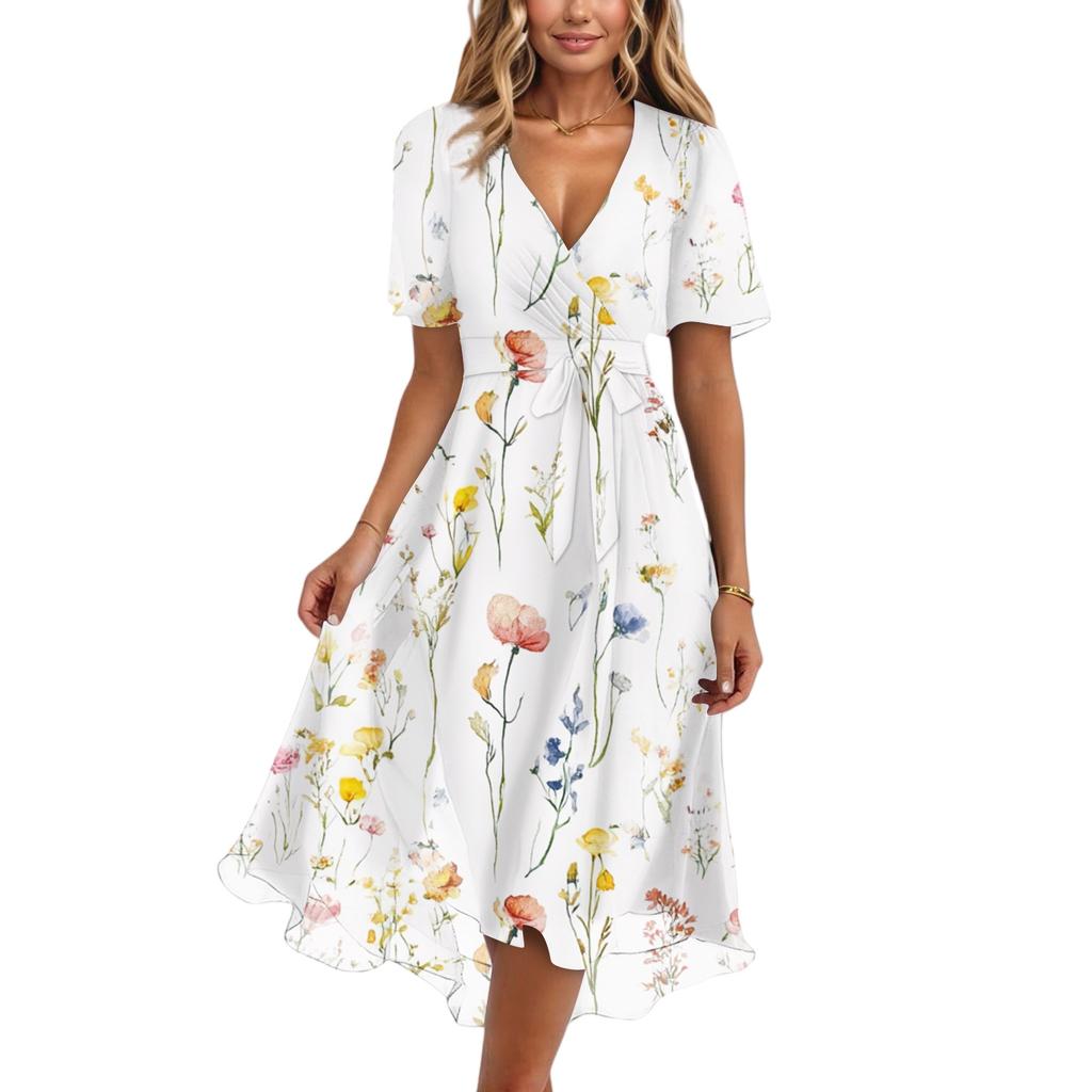 Damenmode Lässig V-Ausschnitt Kurzarm Rüschen Vintage Bedruckte Kleider