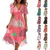 Women's Summer Printed Casual Wrap V Neck Ruffled Hood Short Sleeves Belt A-Line Ruffle Hem Midi Sundress