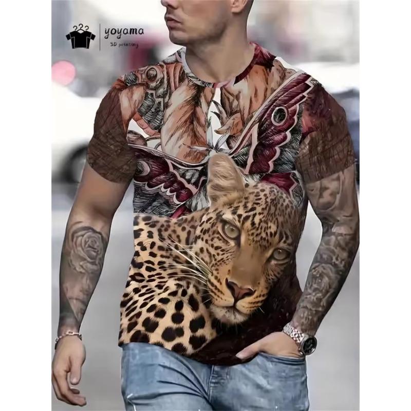 Men‘s T Shirt Men's Stylish Leopard Pattern Animal Print Y2k Casual Short Sleeve O Neck Tee Loose Top Outdoor Oversized Clothing