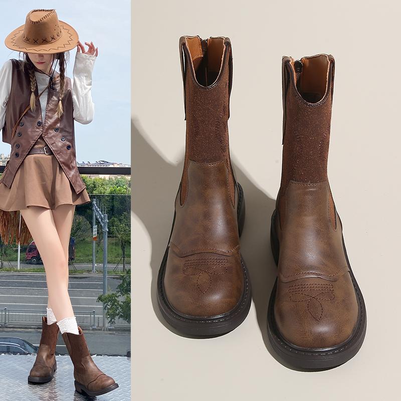 Lady Boots Boots-Women Shoes  Leather Ankle Cowboy Retro White Ankle Boots Denim Women's Shoes Boots-Women Low Cowboy