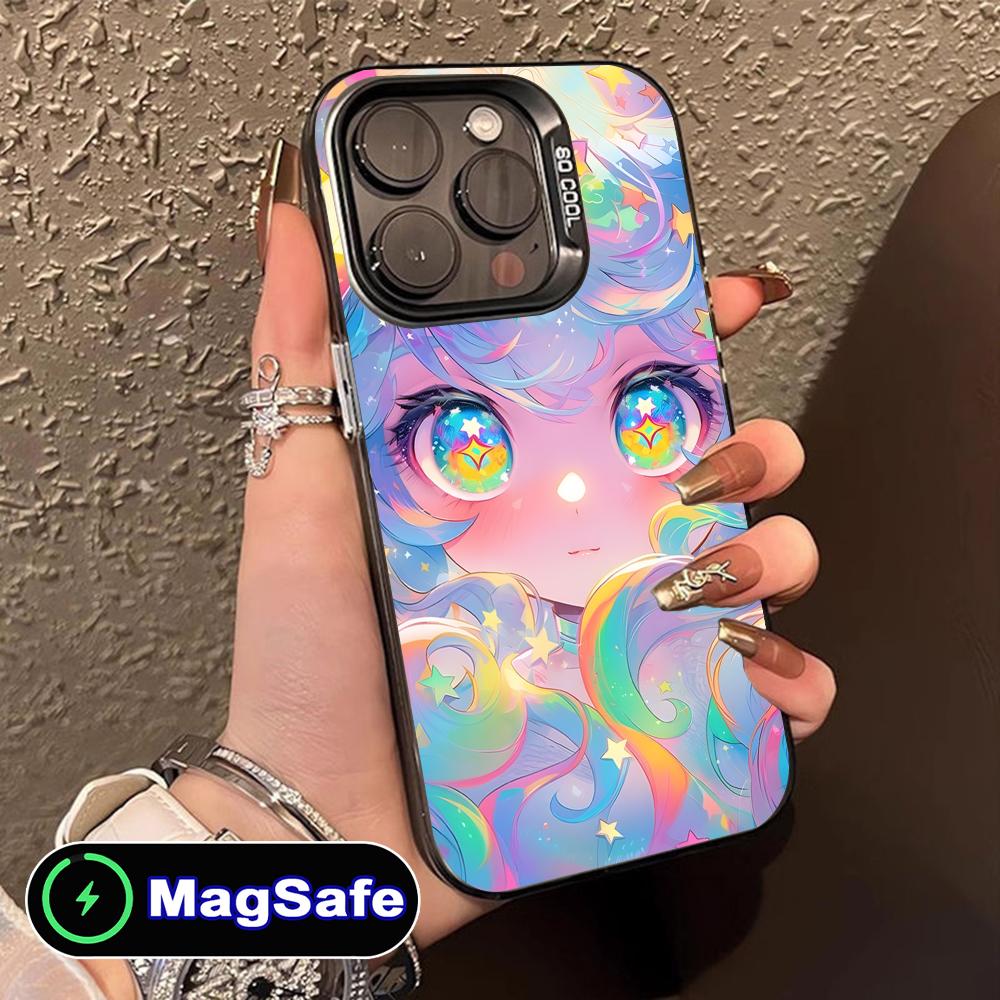 Kawaii Pink Anime Girl Phone Case for iPhone 16 15 14 13 12 11 Pro Max Plus MagSafe Translucent Colour Protective Cover Luxury