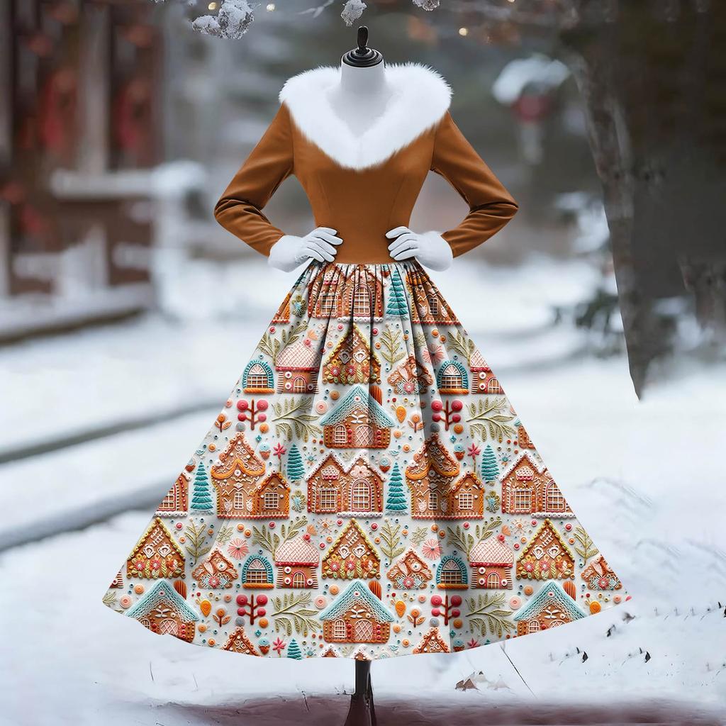 Women's Casual Dress Long-Sleeve V-Neck Patchwork Fleece Christmas Print Dress