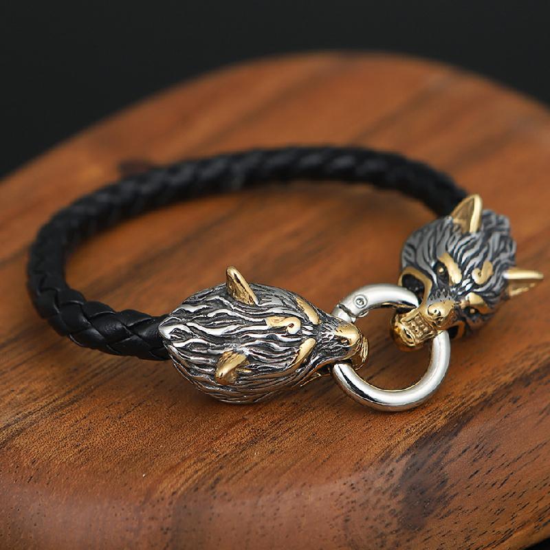 Bracciali Punk Vichinghi Norreni Testa di Lupo Catena a Rete in Acciaio Inossidabile Colore Oro Braccialetto Amuleto Nero Antico Gioielli Accessori Maschili