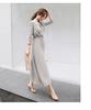 JINJUDUO Long Sleeve Pleated Fashionable Plain Button Closure Long Dress with Waistband and Belt Women's Autumn/Winter Dress, (Gray, XX-Large)