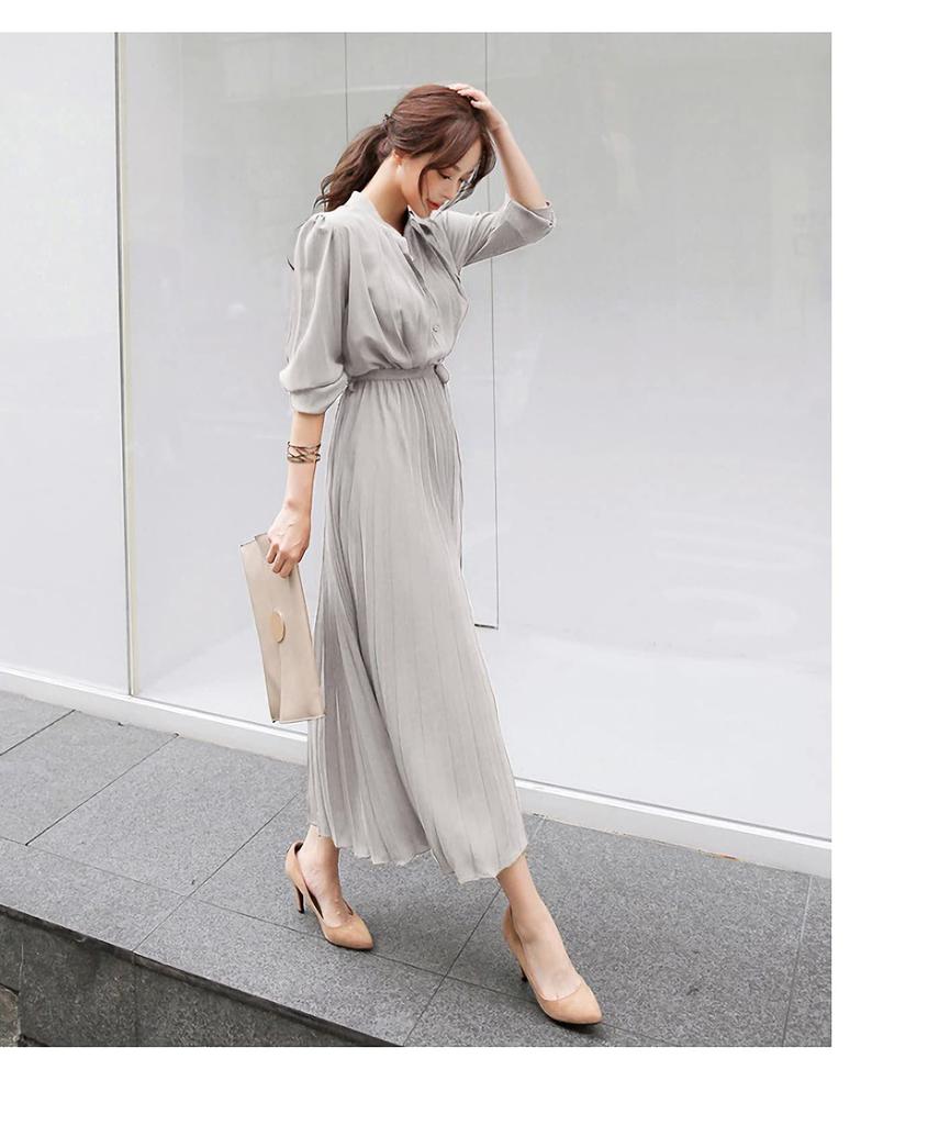 JINJUDUO Long Sleeve Pleated Fashionable Plain Button Closure Long Dress with Waistband and Belt Women's Autumn/Winter Dress, (Gray, XX-Large)