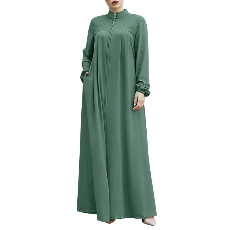 Abaya Ramadan da Donna Oversize con Zip Frontale Abito Musulmano Tasche Collo Alto Abbigliamento Monocolore Ampio