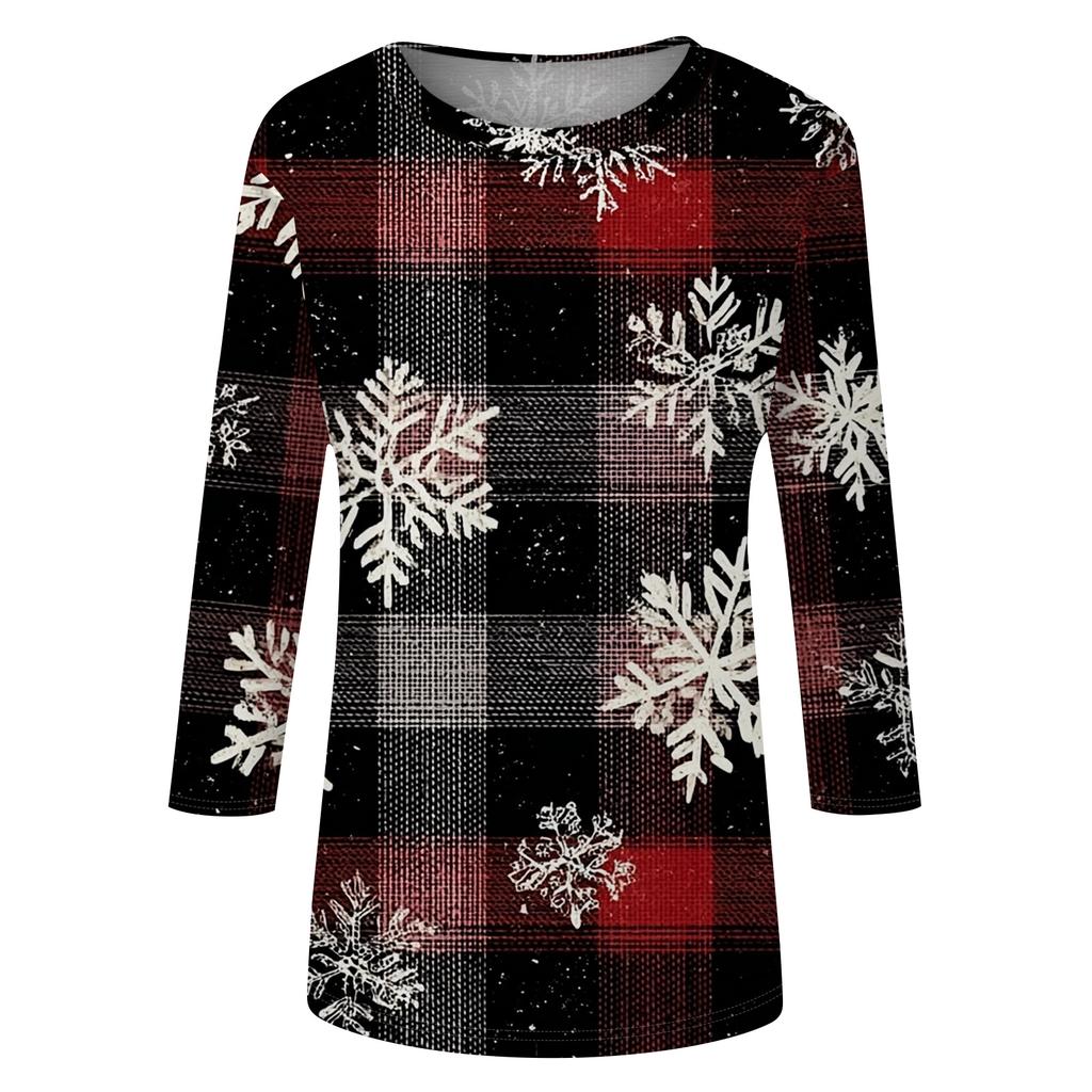 Women's Fashion Casual Christmas Tree Printed Round Neck Three-Quarter Sleeve T-Shirt Top