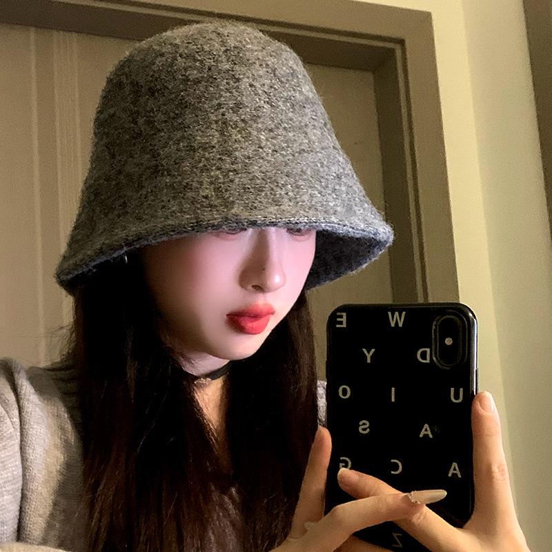Versatile Solid Color Woolen Fisherman Hat for Women in Winter Warm and Face Showing Small Plush Knitted Hat with Temperament and Versatile Basin Hat