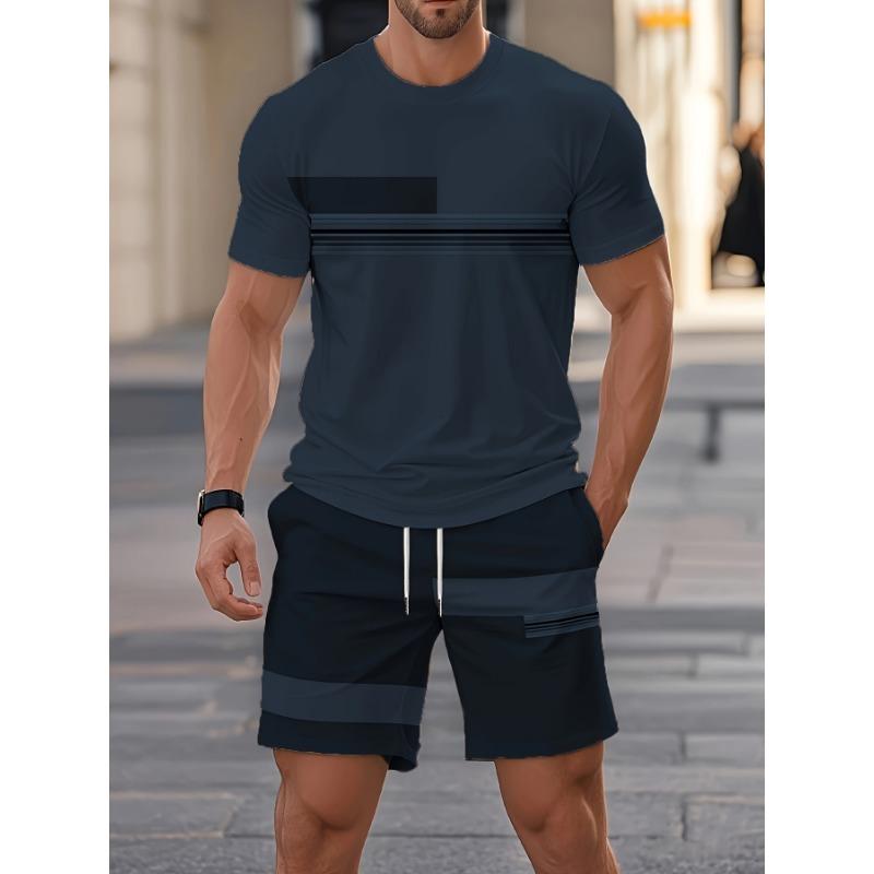 2026 Sommer Neuankunft Herren Freizeit Zweiteiler Set Gestreifter Print Kurzarmhemd und Sportshorts Set Herren Fitness Set