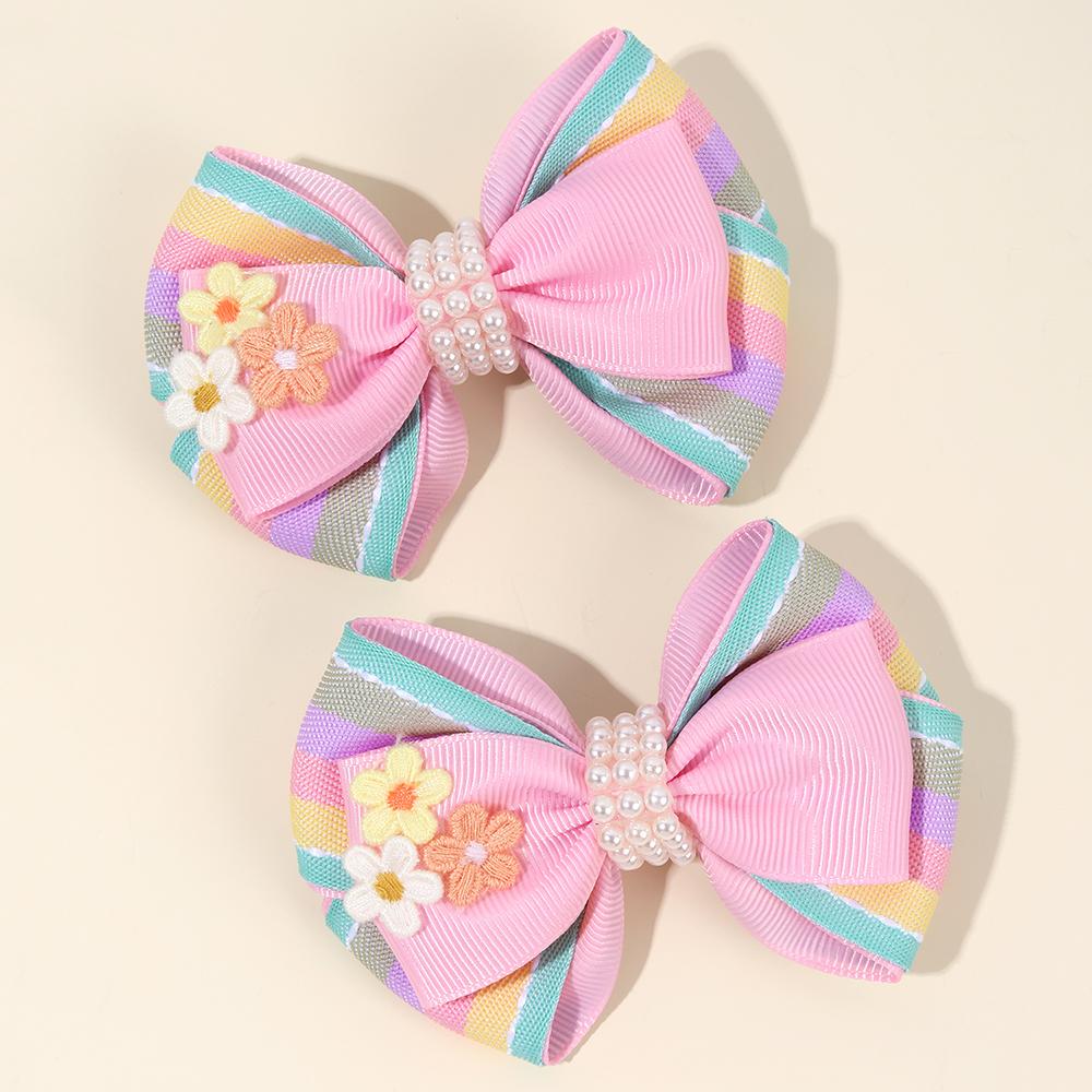 2pcs Cute Rainbow Pearl Little Flower Hair Clips for Girls , Alligator Clips with Thread Woven Ribbon Hair Accessories Headwear
