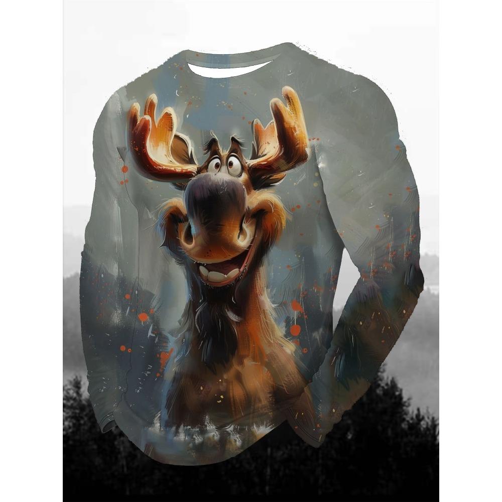 Funny Animal Design Retro Men 3D Printing Street Casual Daily Gray Long Sleeved Round Neck Shirt Spring And Autumn Clothing