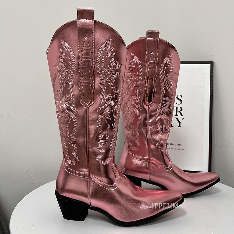 IPPEUM Western Cowboy Boots For Women Red Knee High Wide Calf Cowgirl Boots Embroidered White Pointed Toe Chunky Heel Shoes