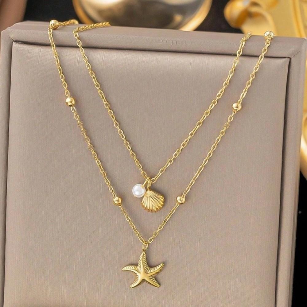 Alloy Starfish Pendant Necklace Gold Collarbone Necklace Bohemian Necklace 01