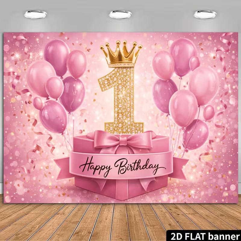 2D Crown Princess First Birthday Decor Background Tapestry