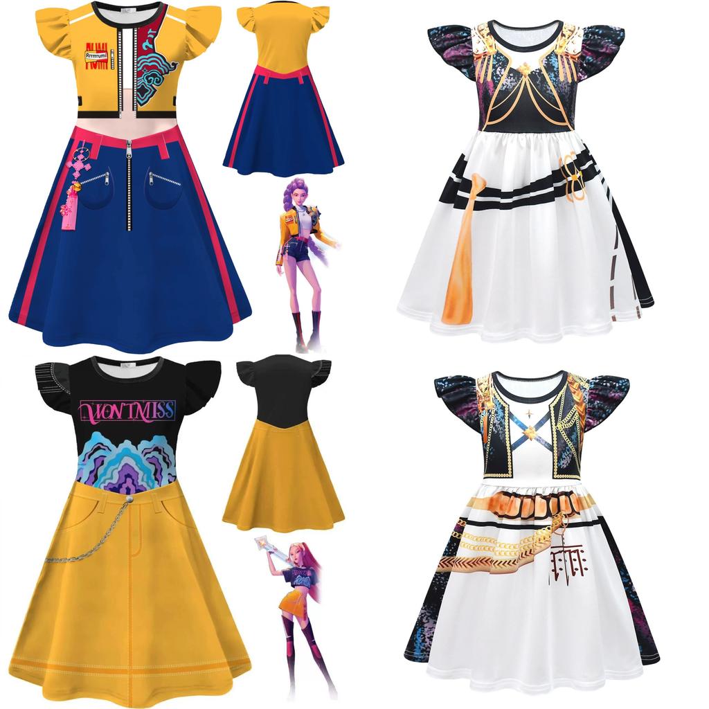 Kpop Demon Hunters Rumi Mira Zoey Kids Cosplay Dress With Flowy Sleeves And Cartoon Design For Play And Special Occasions