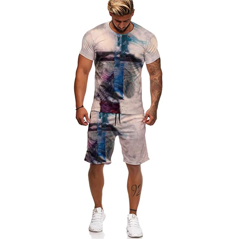 3D Jesus Loves Everyone Křesťanské tričko Léto Pánský oblek Krátký rukáv Šortky Lion Cross Print Streetwear 2 kusy Activewear