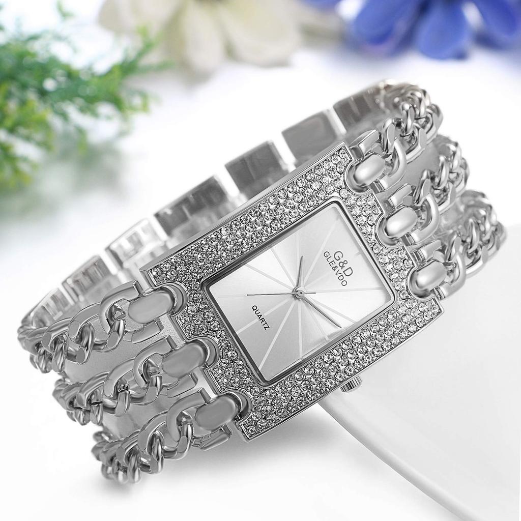 JEWELRYWE Square Quartz Stylish Bracelet Stylish Silver Women's Watch, Japanese-Made Movement, Waterproof, Watch, Accessory,