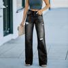 Womens High-Waisted Wide-Leg Denim Pants With Distressed Washed Effect Slimming Fit