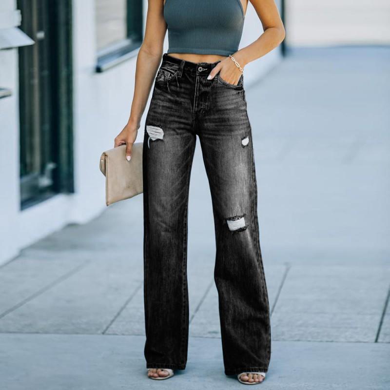 Womens High-Waisted Wide-Leg Denim Pants With Distressed Washed Effect Slimming Fit