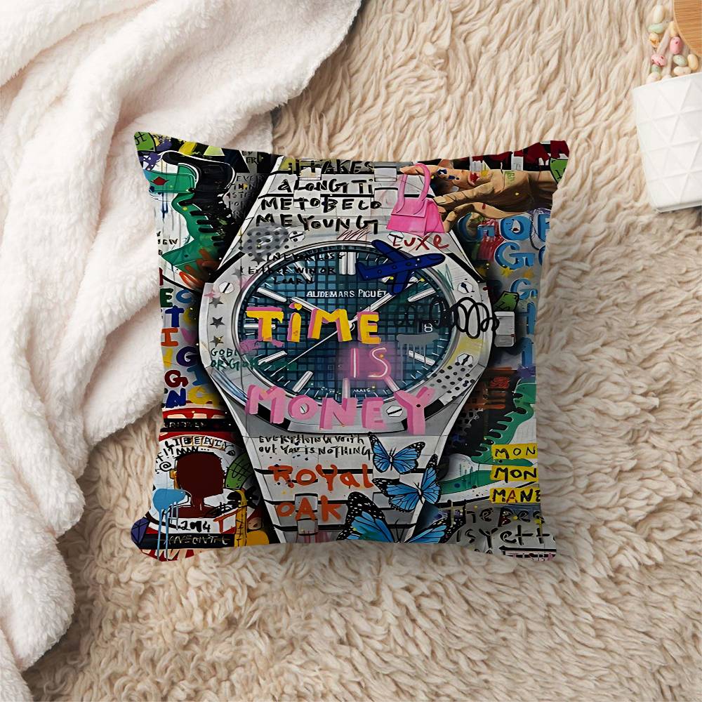 Time Is Money Watch Street Graffiti Pillow Cover Design Cushion Cover Decor Holiday Decorati