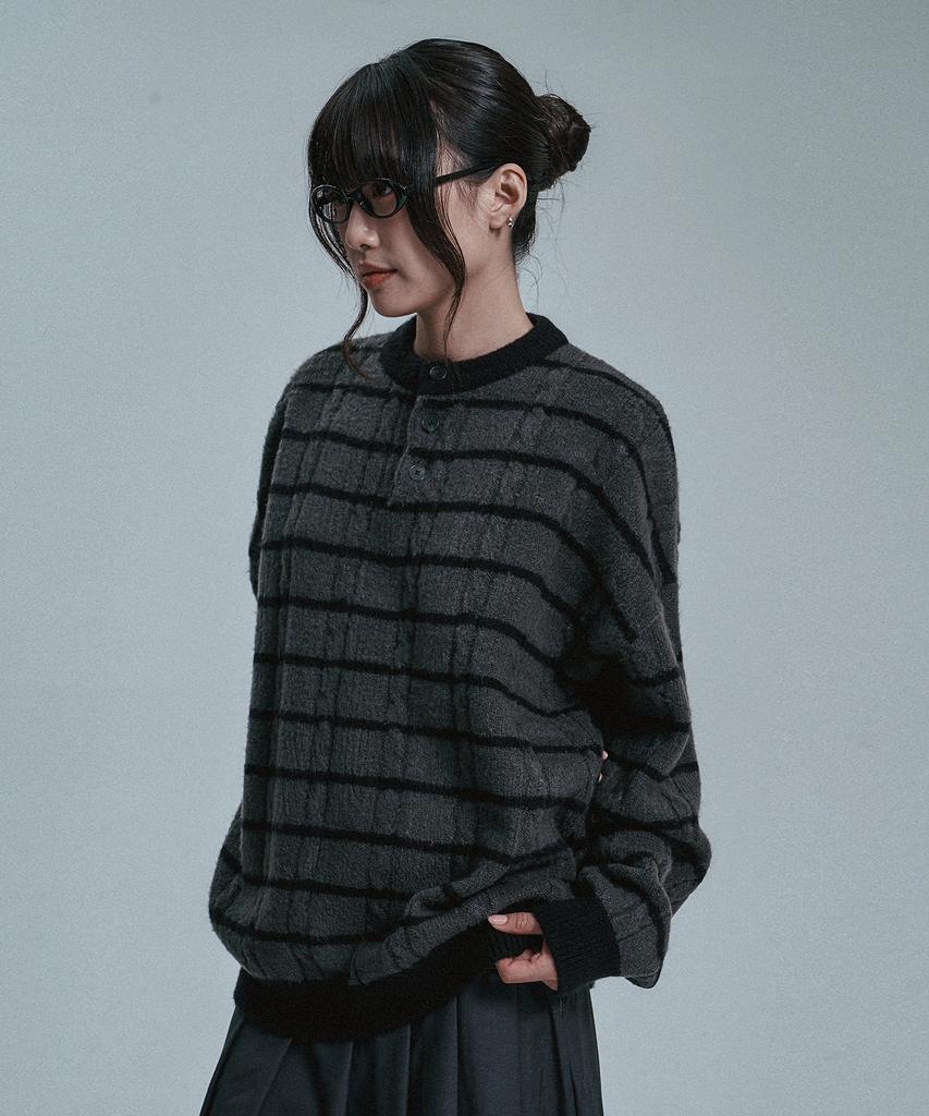 MOO Soft Stripe Henley Neck Knit - Black