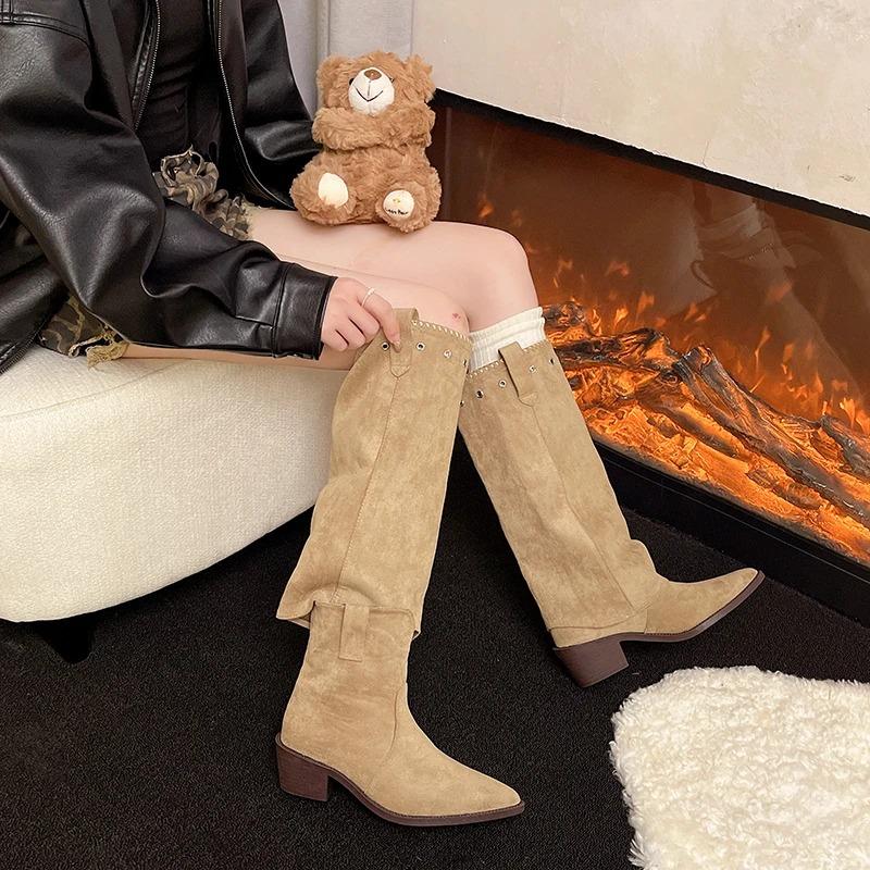 Fashion Vintage Thick Heel Women Western Cowboy Boots Designer Combination Splicing Shoes Autumn Winter Ladies Pipe Long Booties