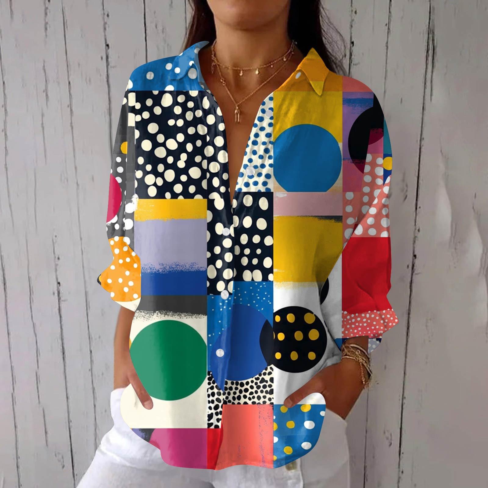 Женская мода Семь рукавов Повседневная рубашка с лацканами и завязками сзади Футболка с принтом Топ XXL