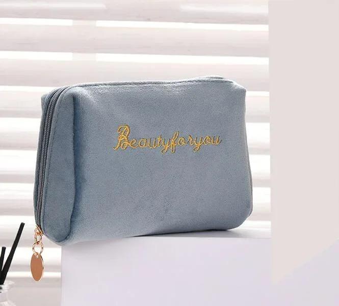 Women's Cosmetic Bag Zipper Velvet Letter Embroidery Solid Make Up Pouch for Cosmetics Toiletry Case Female Make Up Bags