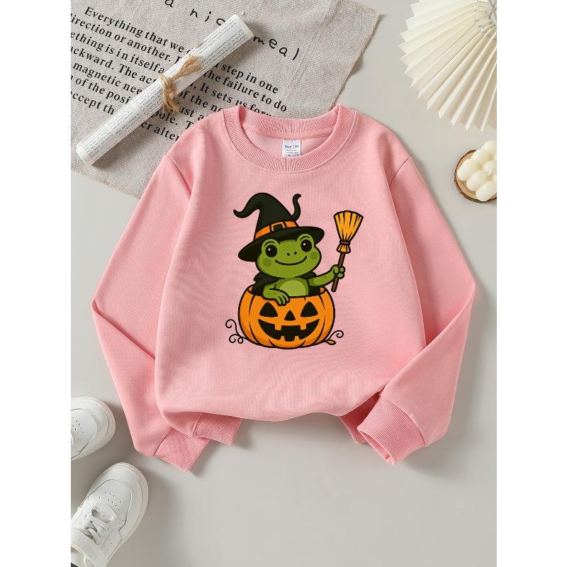 Girls' Halloween Long-Sleeve Sweatshirt, Round-Neck Fun Print Casual Top, Kids' Autumn Clothing, Suitable for Trick-Or-Treat Parties And Halloween