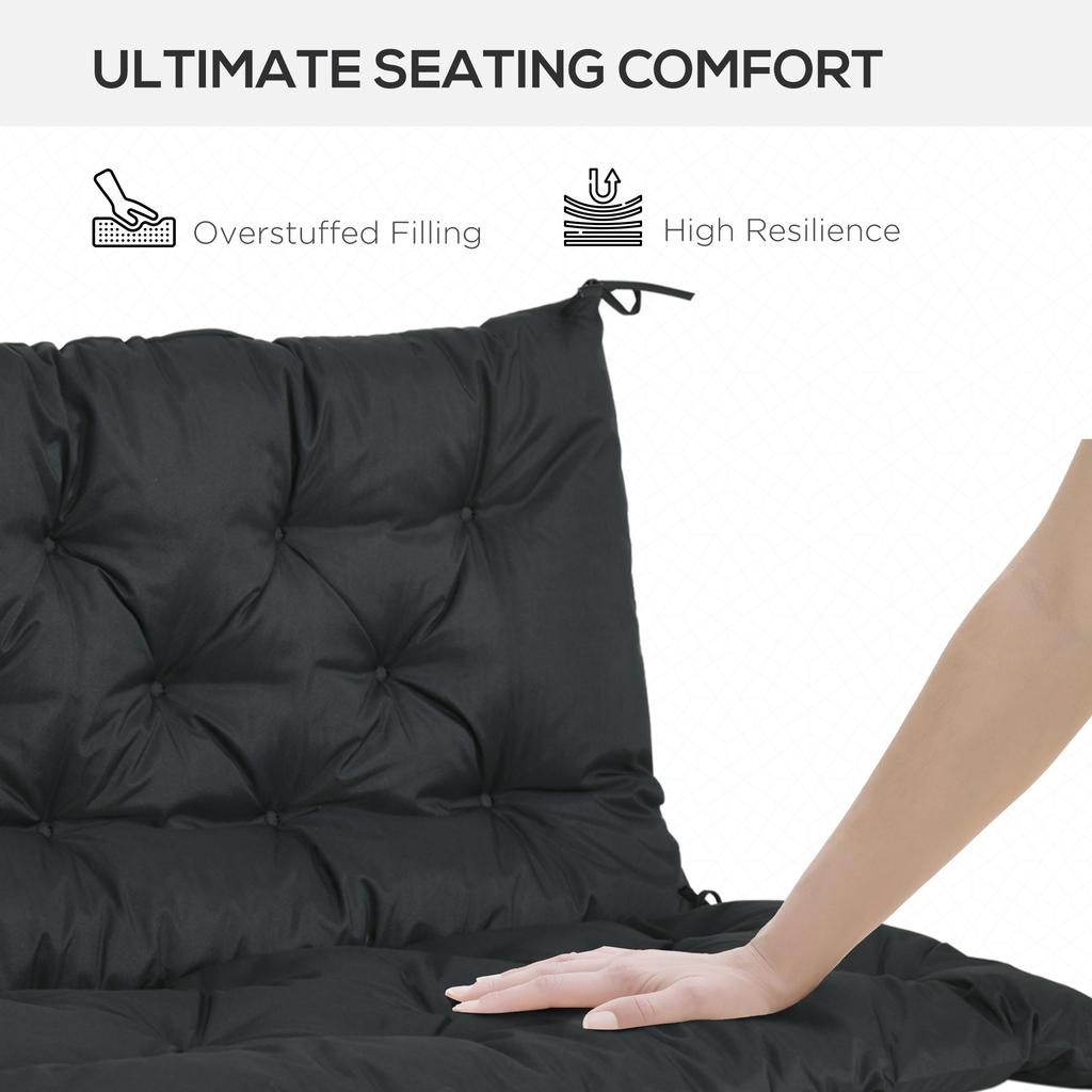 2 Seater Bench Pad, Garden Chair Cushion with Back and Ties for Indoor and Outdoor Use, 98 x 100 cm, Black