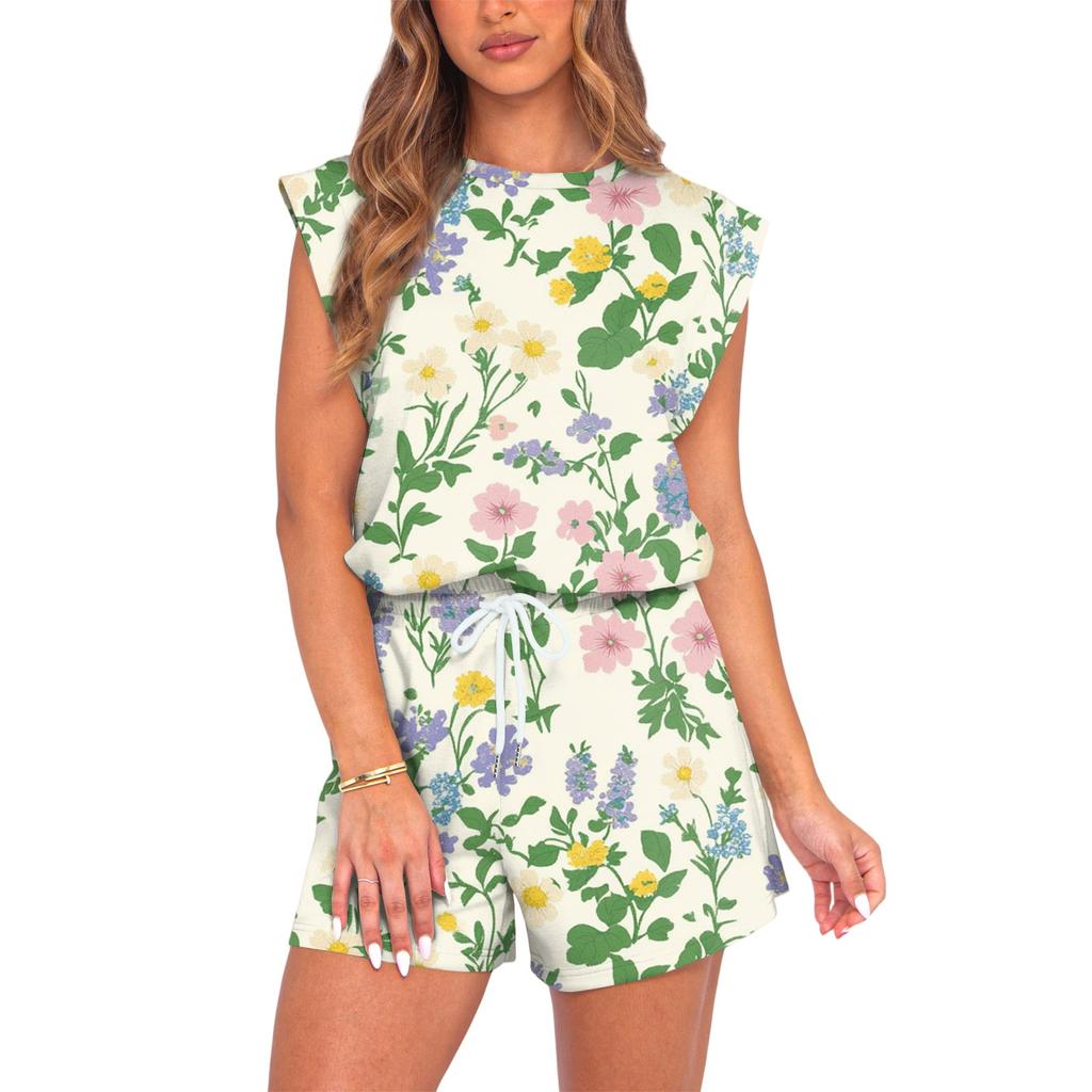 Women's Jumpsuit Floral Print Spring Summer Cap Sleeves Adjustable Drawstring Waist Comfortable Casual Short Jumpsuit With Pockets