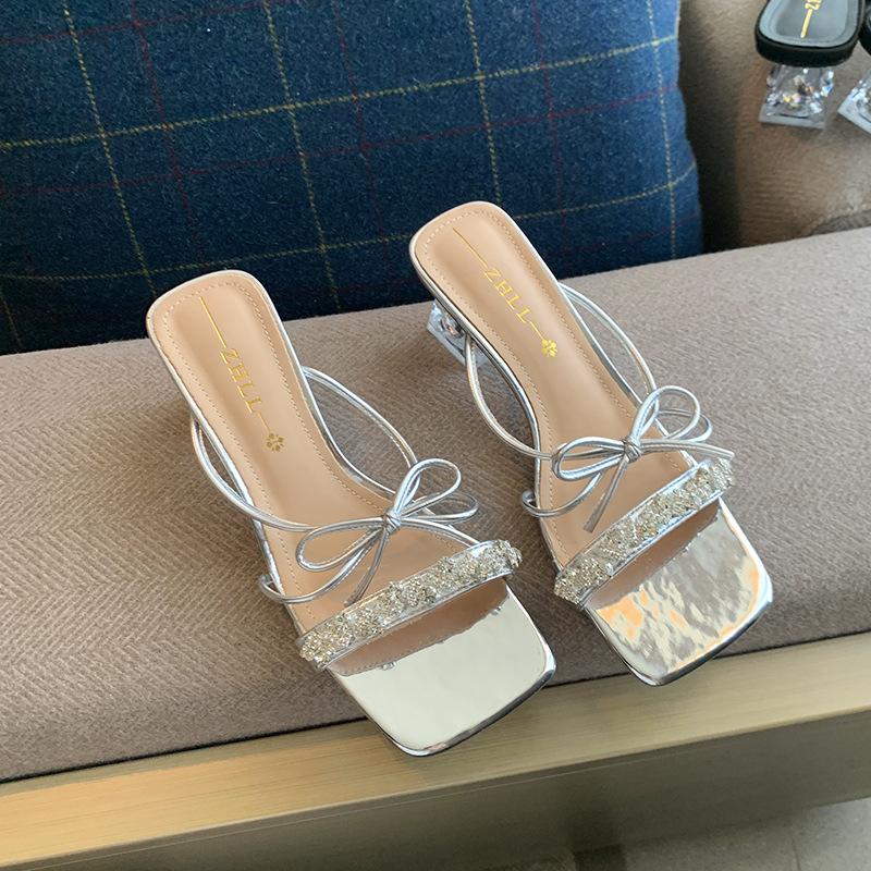 

9-Rhinestone women s summer bow fashion temperament thick heel high heel sandals fattened and widened large size women s shoes 45 срібний
