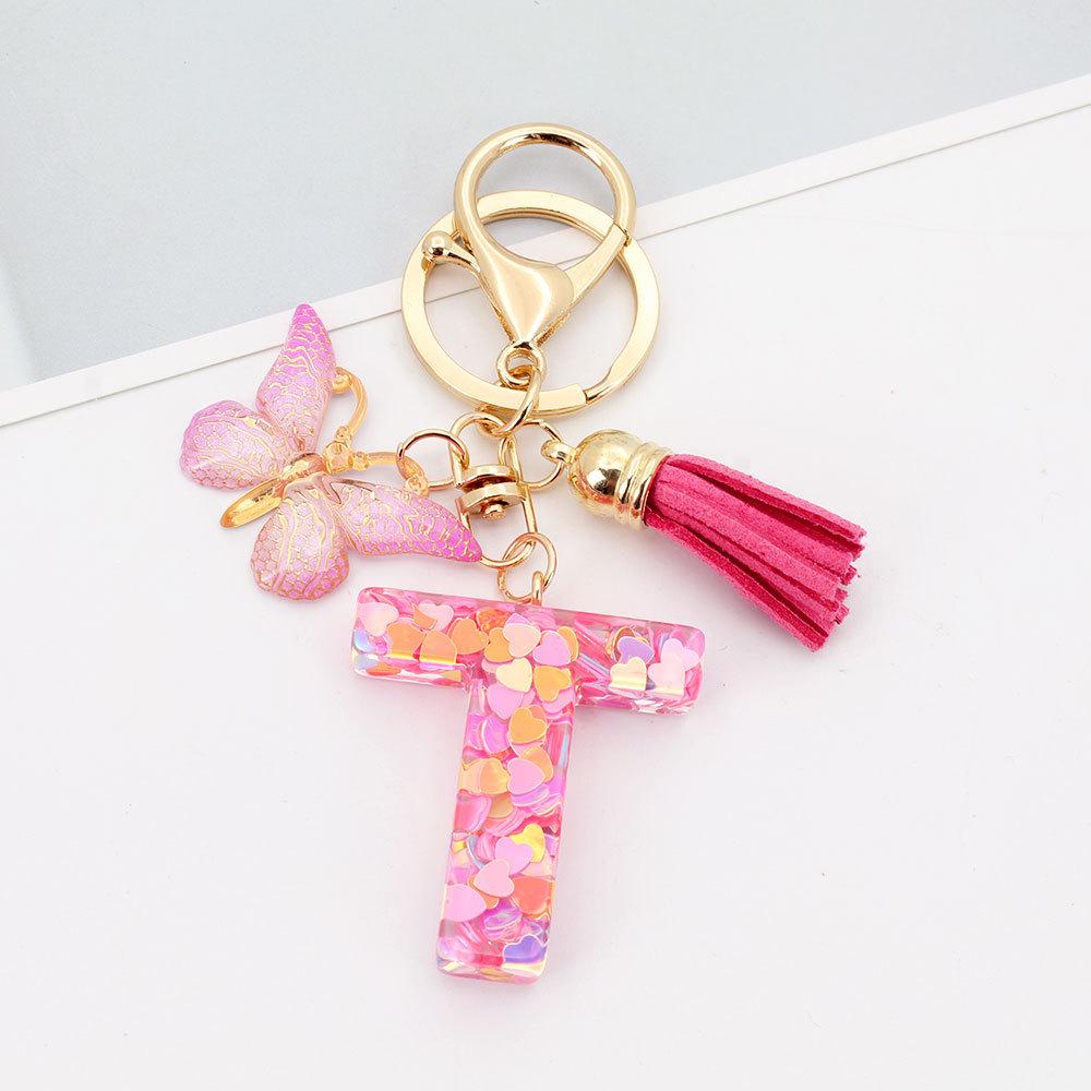 Pink Butterfly Tassel & Resin Sequin Letter Keychain - Backpack Charm for Women