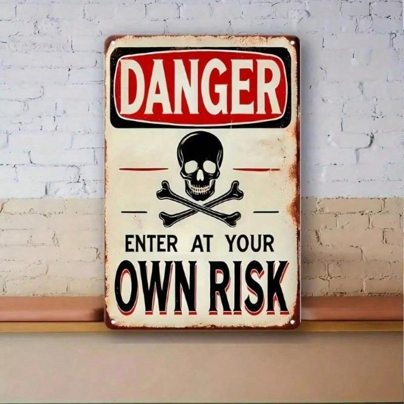 RusticRisk Vintage Metal Wall Sign Gothic Entry Sign with Skull Design, Heavy Duty Iron Sign "Enter at Your Own Risk", Gothic Ho