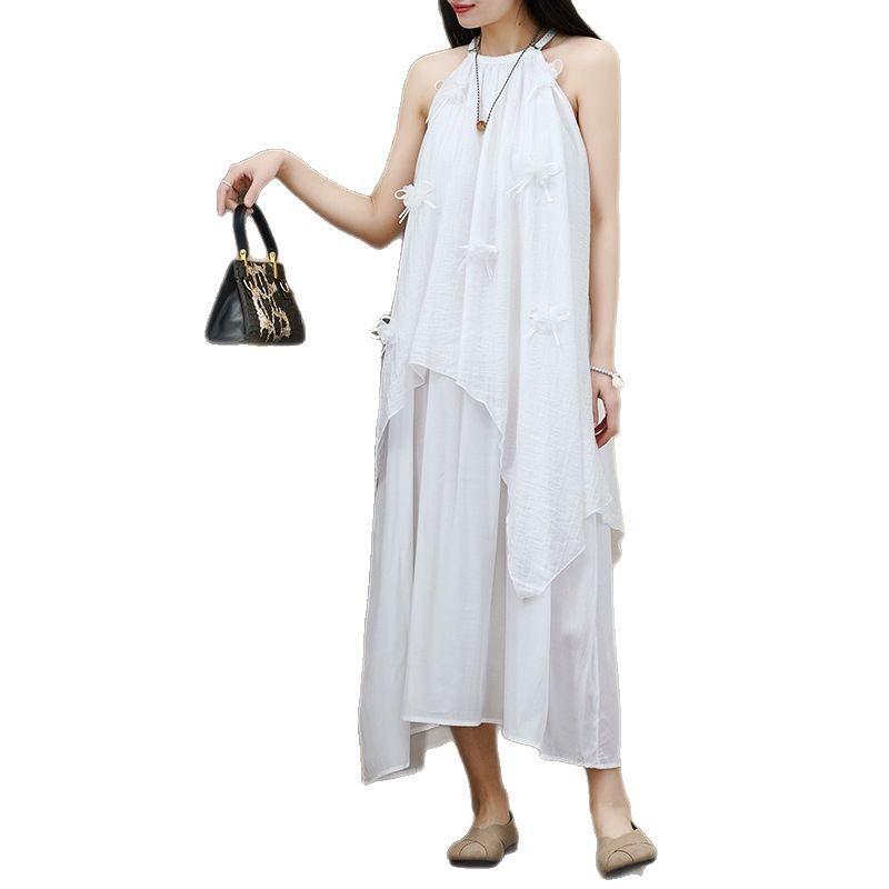 2025 Summer New Gentle Wind Solid Color Dress Fairy Vacation Fairy Lace Embroidered Vest Sleeveless Long Dress